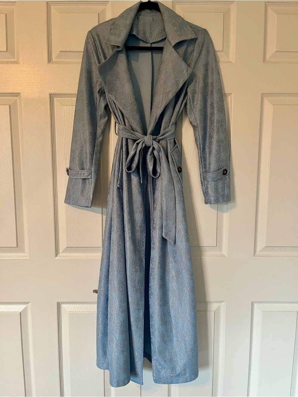 Powder Blue Floral Lace Long Trench Coat Belted Statement Duster